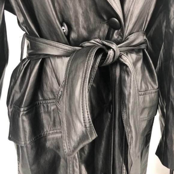 SOLD! NEW Zara Black Double Breasted Vegan Leather Belted Trench Coat Size Large - Picture 9 of 12